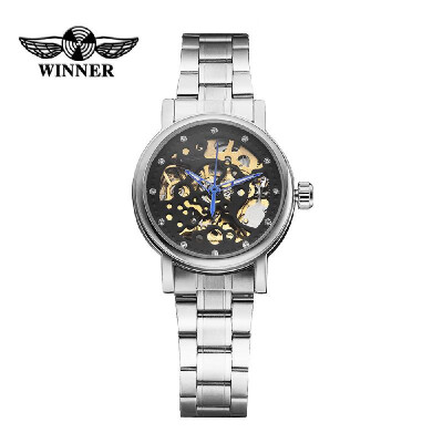 

WINNER Elegant See-through Skeleton Self-winding Mechanical Watch Rhinestone Embedded Hollowed-out Business Wristwatch for Women O