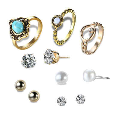 

Calaite Gemstones Gold Plating Hands Rings Bling Crystal White Pearl Round Ear Studs Sets