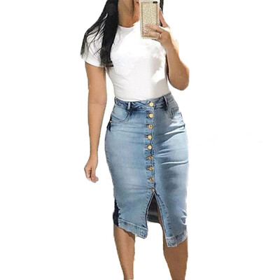 

Denim High Waisted Button Front Skirts Bodycon Midi Pencil Stretch Jean Skirt