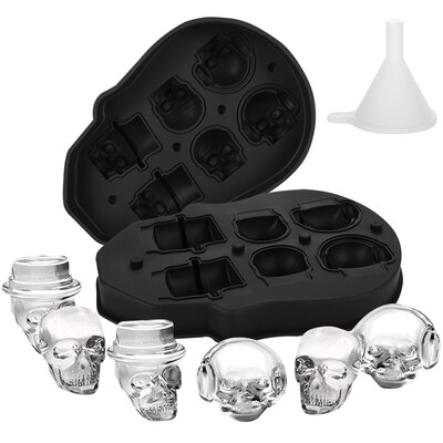 

3D Skull Ice Mold Trays BPA Free Silicone Ice Cube Maker Whisky Party Spooky Tool 6 Cavity Black