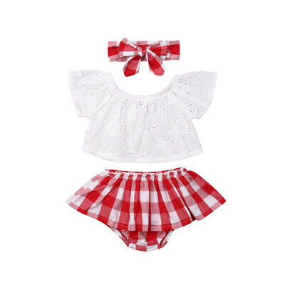 

Summer Newborn Baby Girl 3pcs Off Shoulder Tops Short DressHeadband Outfits