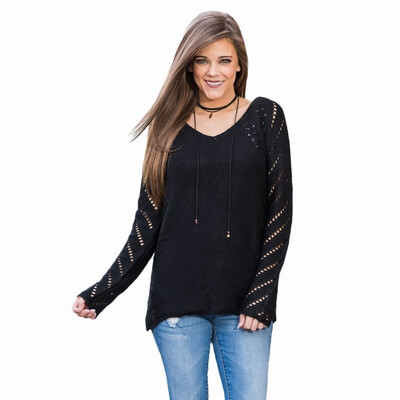 

V-neck hollow long-sleeved warm sweater casual rib knit sweater womens