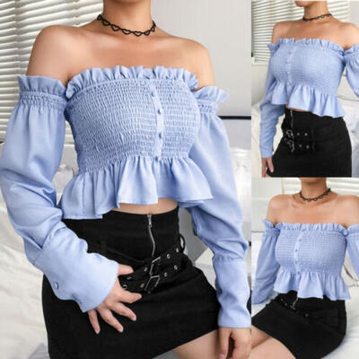 

Womens Off Shoulder Tops Blouse Button Ruffle Long Sleeve Shirts Crop Cami Tops
