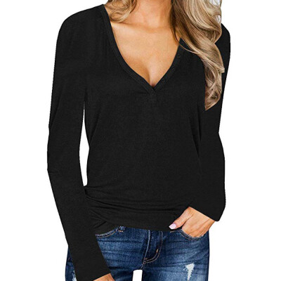 

Nomeni Women Ladies Casual Button Long Sleeve V Neck Blouse T-Shirt Tunic Tops BKL