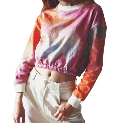 

Women 2019 New Hot Sale Europe And America Dyed Print Shirts Navel Gradient Rainbow Color Long-sleeved Short Clothes