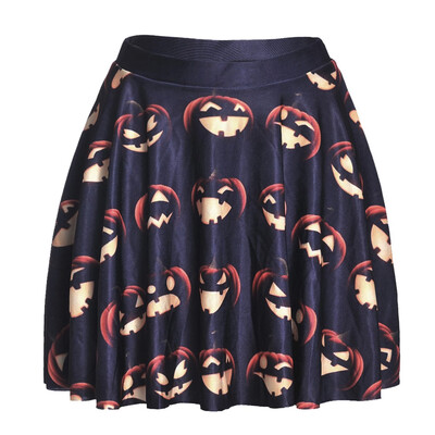 

Roseonmyhand Women Casual Pumpkin Printed Flare Elastic High Waist Cosplay Halloween Skirt