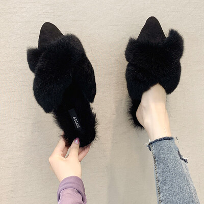 

Western style hairy slippers female fashion autumn&winter hairy shoes pointed flat soles half slippers hair slippers in a