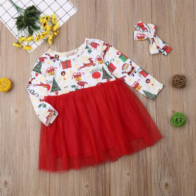 

Toddler Girl Dress Xmas Pattern Lace Tulle Dress with Headband Christmas Red Dress for Toddler Girl