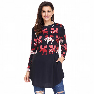 

Round neck long sleeve geometric snowflake reindeer side pocket casual shirt tops womens