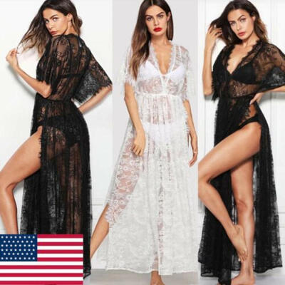 

Women Lace Floral Boho Long Kimono Maxi Summer Dress Bikini Cover Up Beach Dress