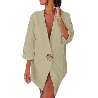 

Toponeto Women Solid Buttons Long Sleeve Cotton And Linen Cardigan Loose Suit Coat
