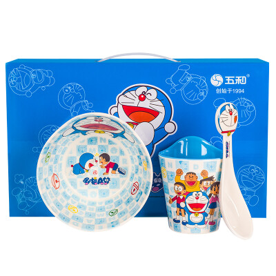 

Five&childrens bowl childrens cup baby spoon childrens cutlery set baby bowl complementary food bowl baby water cup spoon drop-proof portable baby gift box Doraemon three-piece