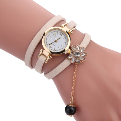 

New Acrylic Pearl Pendant Bracelet Watch Three Circle Wrap Womens Quartz Watch