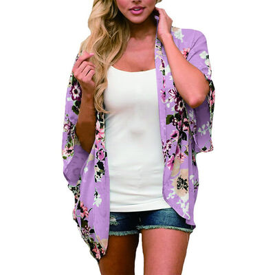 

Women Casual Floral Short Sleeve Kimono Shawl Blouse Top Beach Cover Up Blouse