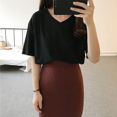 

Womens O-NeckV-Neck Solid Short Sleeve Loose T-Shirt