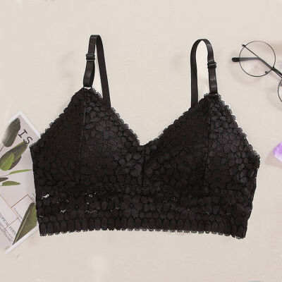 

Women Floral Lace Bralette Bustier Crop Top Sheer Mesh Embroidery Sexy Deep V Adjustment Padded Bra Nylon Soft Wireless Bra