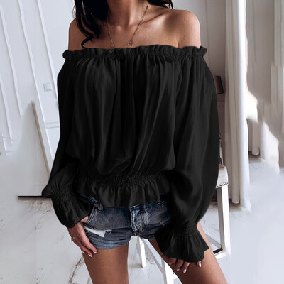 

Womens Long Sleeve T-Shirt Boat Neck Off Shoulder Blouse Tops Casual Pullover