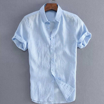 

Mens Linen Short Sleeve Summer Solid Shirts Casual Loose Dress Soft Tops Tee