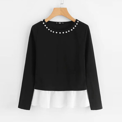 

Roseonmyhand Fashion Women O-Neck Patchwork Long Sleeve Pearl Beading Tops Blouse