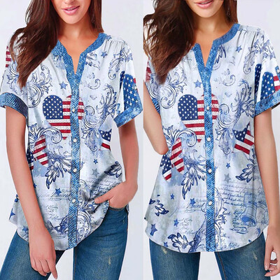 

Starmoon Womens Summer American Flag Independence Day Short Sleeve Hem Split Shirt