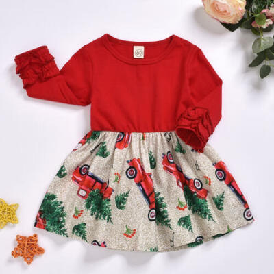 

Christmas Toddler Kid Baby Girl Xmas Festival Party Red Car Dress Ruffle Skirts