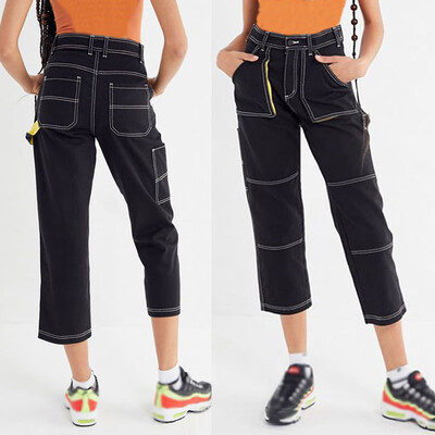 

〖Follure〗Fashion Womens Pocket Jeans Denim Female Mid Waist Spliced Sexy Straight Pants