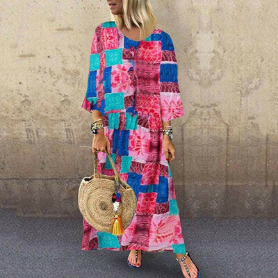 

Women Boho Cotton Linen Long Maxi Dress Long Sleeve Casual Boho Kaftan Tunic