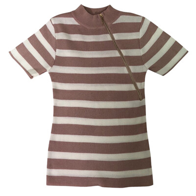 

New Women t shirt Summer Casual Concise Zipper women clothes Turtleneck Slim Fit Stripe Knitting Short Sleeve Tshirt
