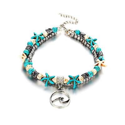 

1PC Colorful Beads Double Conch Starfish Beach Turquoise Pendant Anklet Bracelet