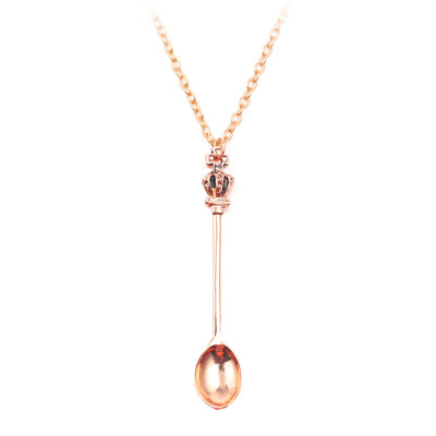 

Vintage Crown Mini Tea Spoon Pendant Women Necklace Long Chain Jewelry Gift