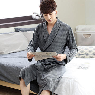 

Spring Autumn Striped Mens Robe Long-sleeve Cotton Bathrobe Loose Medium-Long Plus Size Sling Sleepwear Pajamas