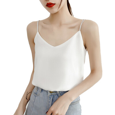 

Summer Casual Sleeveless Shirt Solid Color Loose Crop Tops Sweet Basic Chiffon V-Neck Camisole