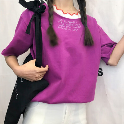 

Summer Tops Womens Harajuku Style Lace Round Neck Letter Print Short Sleeve Loose Pullover T-Shirt camisetas verano mujer