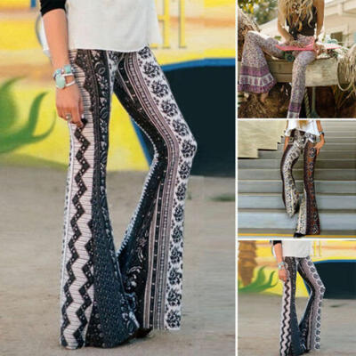 

Womens Boho Hippie High Waist Printed Wide Leg Long Flared Bell Bottom Pants