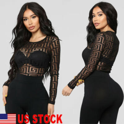 

US STOCK Women Long Sleeve Bodysuit Leotard Bodycon Jumpsuit Romper Top Blouse