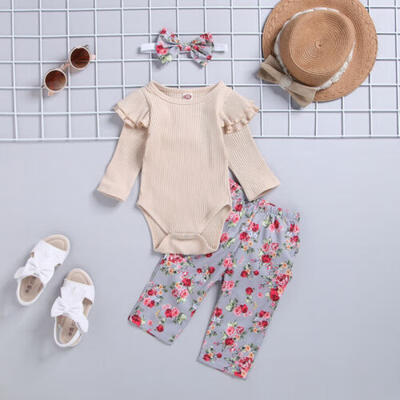 

US Infant Baby Girl Long Sleeve Romper Bodysuit Long PantsHeadband Clothes 3PCS
