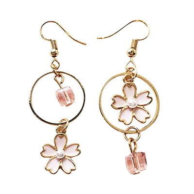 

Korean Style Embroidery Flower Earrings Rhinestone Circle Pendant New Asymmetry Cherry Blossom Earrings
