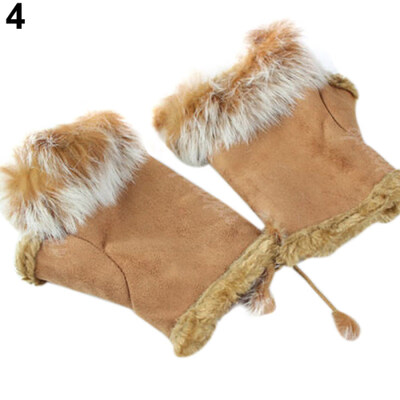 

Womens Winter Faux Rabbit Fur Faux Leather Fingerless Mittens Wrist Gloves