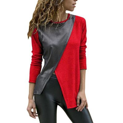 

Women Long Sleeve Patchwork T-Shirt O-Neck Slim Fit Warm Autumn Spring Color Block Basic T-Shirts Tops