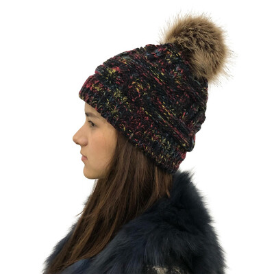 

Tailored Women Stitching Outdoor Faux Fur Ball Hats Crochet Knit Multicolor Beanie Cap