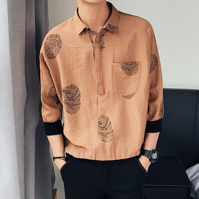 

Casual Loose Floral Plant Print Mens Three Quarter Sleeve Shirt Blouse Top