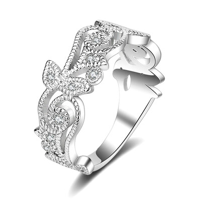 

Women 925 Sterling Silver Floral Ring Diamond Flower Lucky Vine Leaf Cocktail Jewelry Ring