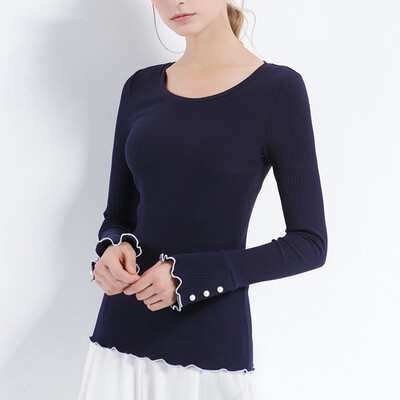 

CANVAUS Autumn Cotton Slim O-Neck Button Long Sleeve T-shirt For Women Tops F1121A