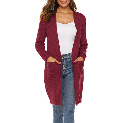 

Knit Long Coat Long Sleeves Thin Solid Color Cardigan Sweater Jacket Loose Pocket Knit Cardigan