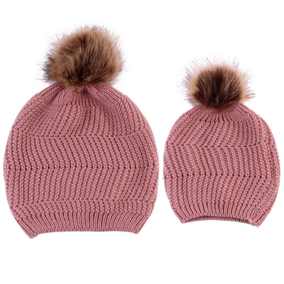 

Mother Baby Family Matching Hat Winter Knit Beanie Fur Pom Hat Crochet Ski Cap
