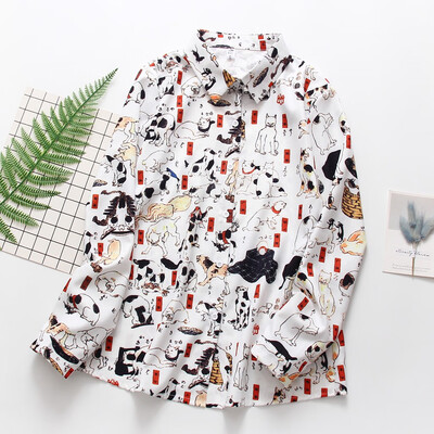 

Starmoon Fashion Women Top Cat Printing Shirt Long Sleeve Lapel Casual Loose Blouse