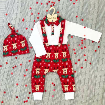 

Infant Baby Boys Girl Christmas Outfits Romper Tops Suspender Pants Elk Xmas Set