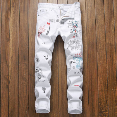 

Gobestart New Fashion Mens Casual Personality Printing Slim Fit Denim Jeans Pants