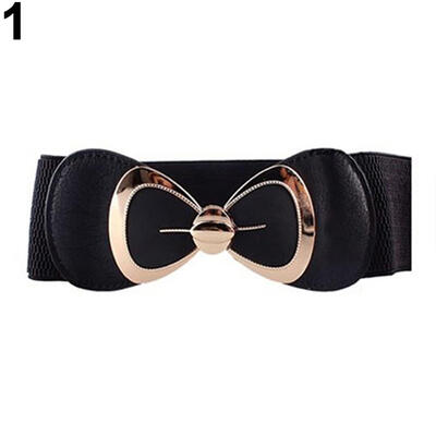 

Women Bowknot Buckle Metallic Faux Leather Waistband Elastic Croset Waist Belt