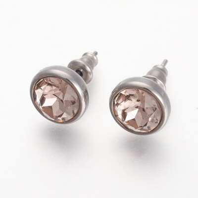 

304 Stainless Steel Stud Earrings with Rhinestone Flat Round Smoky Quartz 10x6mm Pin 09mm